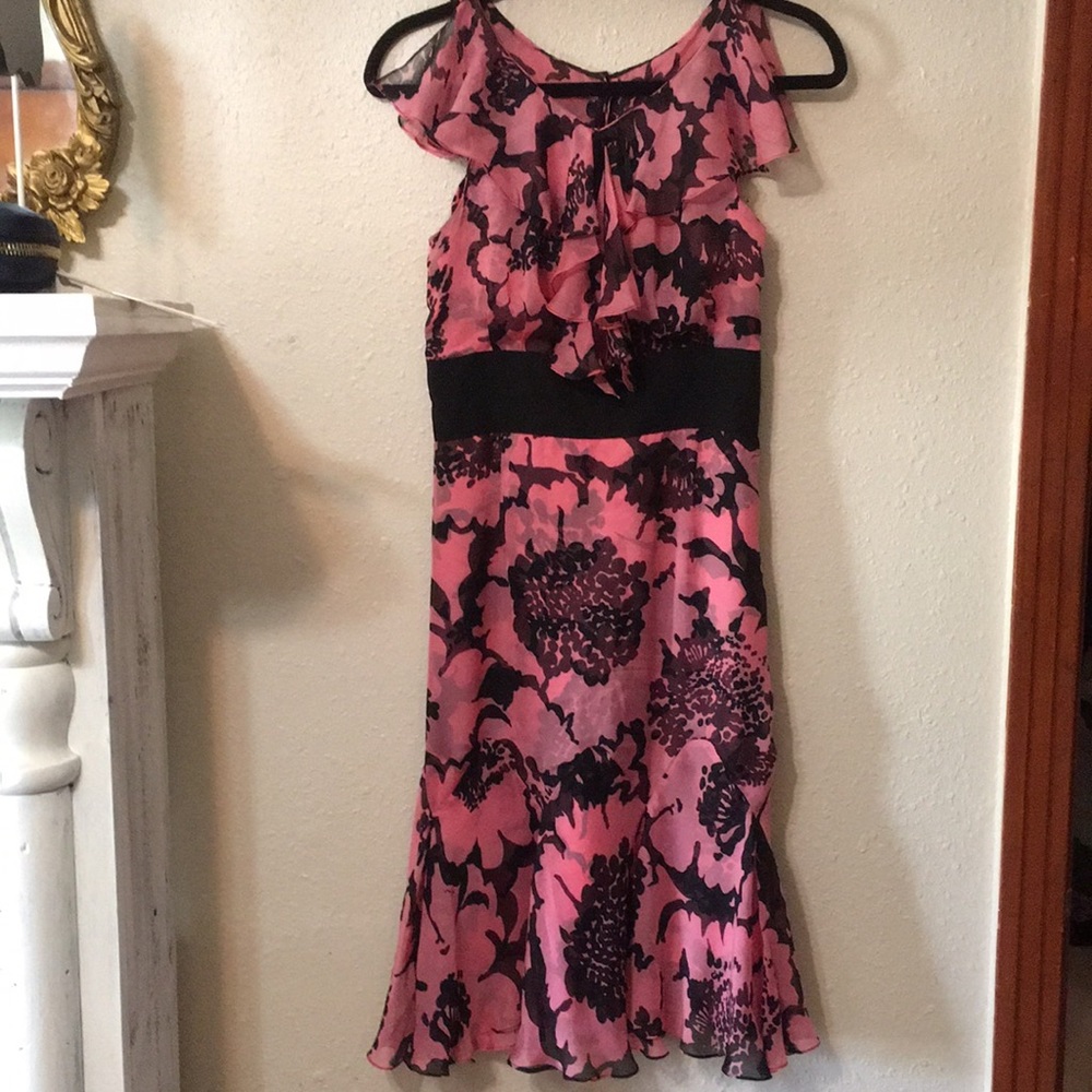 Milly NY Pink Black Abstract Floral 100% Silk Fit&Flair